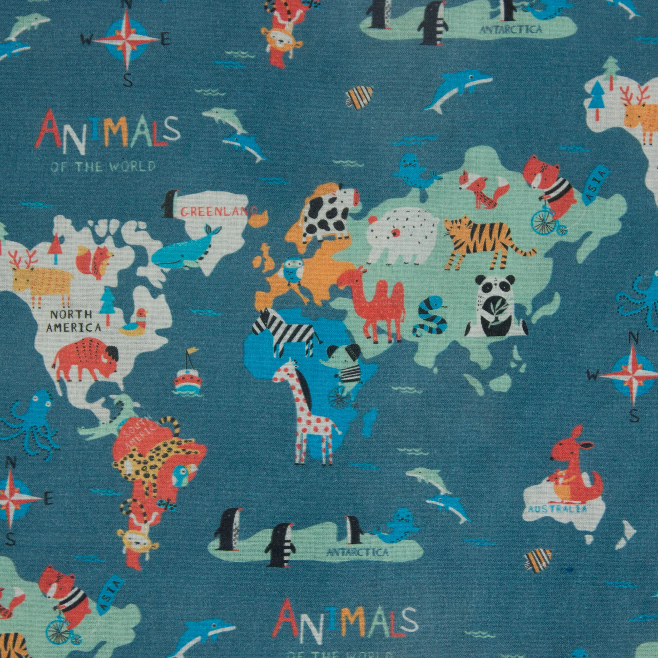 Blauwe katoen "Animals of the world"